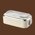 Fiambrera aislada de acero inoxidable 304 crema con cubiertos para oficina y escuela - Capa Única (Borde Plateado) / Blanco Roto