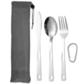 3-piece portable stainless steel camping flatware set with a grey mesh storage bag - Double Hole Cutlery Set With Carabiner And Pouch
