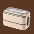 Schiscetta bento coibentata a due strati color crema e marrone con posate - Doppio Strato (Bordo Caffè)