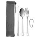 Premium portable stainless steel cutlery set with knife fork spoon and mesh pouch - Single Hole Cutlery Set With Carabiner And Pouch