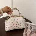 White lace evening bag with colorful beads, 3D flower, and pearl strap for women. - White
