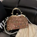 Vintage style brown floral evening clutch bag with colorful beads and white pearl strap - Khaki