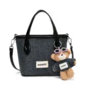 Stylish denim blue bucket bag for women featuring a cute teddy bear plush charm - Large (With Pendant) / Black
