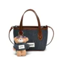 Navy denim blue bucket bag for women with a cute teddy bear charm and brown leather straps - Large (With Pendant) / Brown