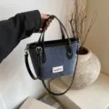 Stylish blue denim bucket bag with black leather straps and mdd137 label detail - Large (Without Pendant) / Black