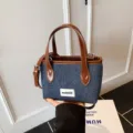 Minimalist denim blue bucket bag with brown handles and strap for daily commuting - Large (Without Pendant) / Brown