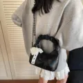Stylish black ruffled handbag with white pearl lace bow accessory for fashion women - Black With Rabbit Pendant