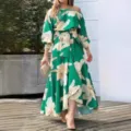 Green floral off-shoulder maxi dress with waist belt, elegant summer long dress detail - 3XL / Green