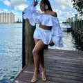 White off shoulder ruffle top and mini shorts set, fashion two piece outfit for women. - White