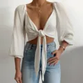 Women's Sexy Solid Color Long Sleeve V-Neck Crop Top Front Tie Casual Fashion Blouse - White