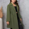 Plus size solid lapel long sleeve button trench coat for women autumn winter casual daily wear. - 2XL / Tops / Army Green
