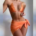 Solid color sexy bikini swimsuit set with matching sarong for women, stylish beachwear. - M / Orange