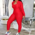 Women's 3-piece red honeycomb yoga set with long sleeve jacket, crop top, and active leggings. - S / Red