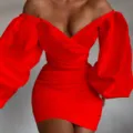 Red off-the-shoulder puff sleeve bodycon mini dress for women sexy club party wear. - S / Dresses / Red
