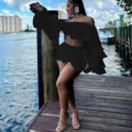Black off-shoulder ruffle crop top and mini skirt two-piece set fine detail showcase. - S / Top And Bottom / Black