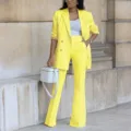 Women yellow suit two piece set blazer and flared pants elegant autumn fashion casual outfit - S / Yellow