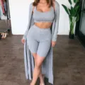 Grey ribbed 3-piece loungewear set featuring a crop top, biker shorts, and a long cardigan. - S / Gray