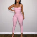 Women sexy ribbed sleeveless jumpsuit slim fit pink activewear casual basic romper bodysuit - S / Pink