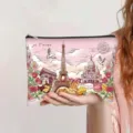Stylish vintage Paris oil painting print makeup bag for women featuring Eiffel Tower - Romantic Paris (jiayingpbb0448)