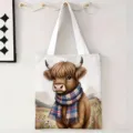 Vista detallada de la bolsa de lona con vaca de las Highlands colgada en la pared - Vaca Con Bufanda de Cuadros Rojos Y Azules (jiayingstd158) / 34x39cm