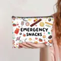 Macro detail of canvas pouch with colorful snacks and bold Emergency Snacks text print - White (Emergency snacks)