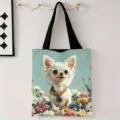 Bolso tote de lona grande con ilustración de chihuahua blanco y patrones florales - Ilustración de Chihuahua Blanco (jiayingstd364) / 34*39cm