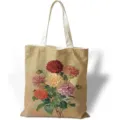 Vista dettagliata di un dipinto a olio floreale vintage su una borsa tote in tela beige - Fiori Rosso Scuro (jiayingstd306) / 34x39