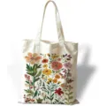 Vista detallada del bolso de lona blanca con vibrante estampado floral de óleo retro - Estilo Botánico Girasol Margarita (jiayingstd333) / 34x39cm