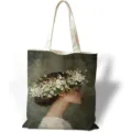 Primo piano del dipinto a olio artistico stampato su una grande borsa di tela crema - Ragazza di Profilo Retro (jiayingstd311) / 34x39