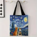 Detalle de una bolsa de lona colgada con estampado artístico de Noche Estrellada y gatos - Gatos Noche Estrellada Van Gogh (jiayingstd362) / 34*39cm