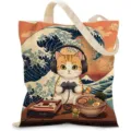 Detailed view of canvas tote bag with cute gamer cat and great wave print - Japanese Gaming Cat Pattern (jiayingstd348) / 34x39cm