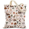 Western cowboy style canvas tote bag featuring a repeating cactus and boots pattern print - Western Cowboy Pattern (jiayingstd349) / 34x39cm