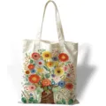 Vista detallada de un estampado retro de pintura al óleo floral en un bolso de lona. - Estilo de Girasol Vintage Rico (jiayingstd340) / 34x39cm