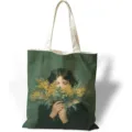 Dettaglio della stampa a olio vintage di una ragazza sulla borsa in tela di alta qualità. - Ragazza con Fiori Gialli (jiayingstd314) / 34x39