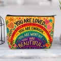 Canvas cosmetic bag with rainbow and 'You Are Loved' motivational quotes - You Are Loved Rainbow Inspirational
