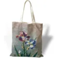Dettaglio della borsa tote in tela con pittura a olio artistica di fiori di iris - Dipinto Vintage Iris (jiayingstd316) / 34x39