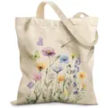 Close-up of cream canvas tote bag detail featuring watercolor floral and butterfly print - Watercolor Art Floral (jiayingstd353) / 34x39cm
