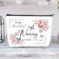 Detailed view of floral canvas makeup bag featuring beautiful Nanny quote and butterfly design - To My Beautiful Nanny Floral Butterfly