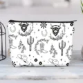 Large canvas makeup bag with Highland cow and western patterns on a wooden surface. - Highland Cow Western Retro