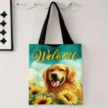 Vista detallada de un bolso de lona con estampado de golden retriever y girasoles - Golden Retriever Bienvenida Girasol (jiayingstd368) / 34*39cm