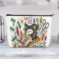 Detailed view of white canvas pouch featuring colorful sewing machine and thread patterns - I Sew Past My Bedtime Sewing Theme