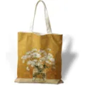 Vista frontale di una borsa shopper in tela con design vintage di pittura a olio floreale gialla - Natura Morta con Vaso Bianco (jiayingstd320) / 34x39