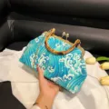 Blue embroidery wave pattern evening bag with bamboo handle and gold chain strap - Green