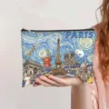 Close-up detail of a vintage oil painting print makeup bag with Paris starry night design - Starry Night Paris (jiayingpbb0444)