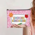 Detailed view of pink canvas pouch featuring 'Choose Kindness' text and cute icons. - Pink (Choose kindness)