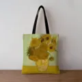 Detailed view of artistic vintage Van Gogh Sunflower print on a thick canvas tote bag accessory - Sunflowers Style (jiayingstd134) / 34x39cm