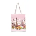 Detalle de primer plano de una bolsa de lona rosa con ilustraciones de París vintage - Elementos Románticos de París Rosa-Baguette y Macarons (jiayingstd147) / 34*39cm