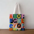 Close-up of vibrant pop art alphabet pattern on durable canvas tote bag - Color Memphis Patchwork Style (jiayingstd137) / 34x39cm