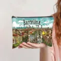 Retro oil painting Barcelona cityscape print cosmetic bag with zipper closure for women - Barcelona (jiayingpbb0451)