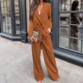 Women long sleeve casual loose blazer suit two-piece set, stylish autumn outerwear outfit. - Coffee